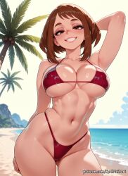 2026 ai_generated anime arm_behind_back arm_behind_head arm_up armpits beach bikini boku_no_hero_academia breasts brown_eyes brown_hair cleavage collarbone covered_nipples crossover day eye_contact female female_focus female_only grin highleg highleg_bikini highres huge_breasts large_breasts lips looking_at_viewer midriff my_hero_academia navel nsfw ocean ochako_uraraka outdoors palm_tree patreon patreon_username red_bikini rognezart sand short_hair skindentation sky smile smiling solo stomach swimsuit teeth thick_thighs thighs tree uraraka_ochako wet