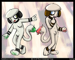 1boy 1girls 2005 3_toes 4_fingers abstract_background alternate_color animal_genitalia annie-mae anthro armpits balls belly black_border blue_eyes border breasts brown_fur duo feet female flirting front_view fully_sheathed furry green_eyes hindpaw male navel nintendo nipples nude original_character paint pawpads paws penis pokémon_(species) pokemon pokemon_(species) pokemon_gsc pussy sheath smeargle smile solo standing testicles text tongue tongue_out video_games watermark white_fur