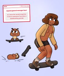 1girls 2d 2d_(artwork) artist_name artist_upload big_eyebrows breasts breasts_out brown_nipples brown_skin cartoony dark-skinned_female dark_nipples dark_skin dot_nose eyebrows_visible_through_hair eyelashes female female_focus female_only full_body full_color gijinka goomba highres humanization humanized jacket jacket_open mario_(series) medium_hair self_upload sharp_teeth shirtless shirtless_female shorts shoulder_length_hair simple_background skateboard small_breasts solo solo_female strawpage strawpage_request super_mario_bros. tusks velnsfw video_game_character