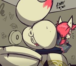 amogus anthro anus bathroom bent_over bottomwear bottomwear_down butt canid canine clothed clothing epic_games female fortnite fox genitals hi_res innersloth kimiko_(fortnite) kimiko_five-tails mammal pants pants_down partially_clothed pooping pubes public_restroom puffy_anus rammylamb restroom_stall solo toilet toilet_paper toilet_use true_fox vulva