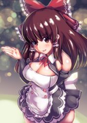 1girls blush bow breasts brown_eyes brown_hair cleavage cookie_(touhou) cosplay dream_c_club dream_c_club_(series) eyebrows_visible_through_hair hair_bow hair_tubes highres kanna_(cookie) large_breasts long_hair looking_at_viewer marakasutintin parted_lips red_bow reimu_hakurei smile solo touhou waitress