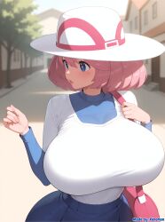 1girls absurd_res absurdres ai_generated alternate_breast_size blue_eyes blue_skirt blue_sleeves blurry_background breasts_bigger_than_head comfyui depth_of_field female female_focus female_only game_freak gigantic_breasts hat highres huge_breasts layered_sleeves lips mole_under_eye narrow_waist nintendo pink_bag pink_hair pokemon pokemon_bw pokemon_bw2 pokemon_trainer short_hair short_over_long_sleeves solo solo_female solo_focus stable_diffusion top_heavy top_heavy_breasts video_games white_headwear white_pupils white_shirt wide_hips xenomon yancy_(pokemon)