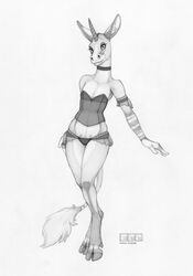 2018 anthro armlet clothed clothing cloven_hooves corset drawn ecmajor equine equustra female full-length_portrait greyscale hi_res hooves horizontal_pupils horn lingerie looking_at_viewer mammal monochrome nipples panties portrait simple_background smile solo standing teats traditional_media_(artwork) underwear unicorn white_background