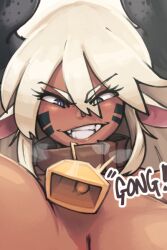 artist_request bell bell_accessory bell_collar bell_jingle big_breasts blue_eyes breasts breasts_bigger_than_head cow_ears cow_girl cow_horns cowbell dark-skinned_female help_find_original_please jingle_bell massive_breasts naked_female
