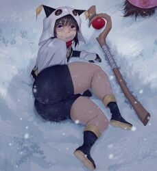 1girls alternate_costume ass blush boots bottom_heavy brown_hair dat_ass embarrassed gloves hood huge_ass kono_subarashii_sekai_ni_shukufuku_wo! konosuba kyokeer looking_at_viewer looking_up medium_hair megumin megumin_(winter_outfit) on_ground red_eyes snow spats staff thick_thighs thighs