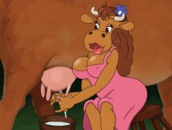 1990 1990s 1990s_(style) 1female 2026 advertisement ai_assisted ai_generated betty_babs big_breasts bonbon-slik bonbon_slik breasts brown_body brown_hair cow_girl curvy curvy_milf danish female female_only flower_in_hair furry hair high_quality high_resolution huge_breasts large_breasts long_hair mascot milf nipples restored tv_screen wardrobe_malfunction