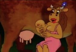 1990 1990s 1990s_(style) 1female advertisement betty_babs big_breasts bonbon-slik bonbon_slik breasts brown_body brown_hair cow_girl curvy curvy_milf danish female female_only flower_in_hair furry hair huge_breasts large_breasts long_hair mascot milf nipples suprised tv_screen wardrobe_malfunction