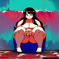 1girl ai_generated ass at bangs black blush breasts hair large long looking navel nude plump pussy smile solo spread squatting thick thighhighs thighs uncensored viewer white