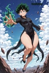 1boy action_pose ai ai_assisted ai_created ai_generated black_dress blue_sky clothing collared_dress cosplay crossdressing cuntboy cuntboy/male deku dress floating full_body green_eyes green_hair hovering izuku_midoriya looking_at_viewer male_head/female_body my_hero_academia narrow_waist no_panties one_punch_man outdoors pelvic_curtain rule_63 shiny_skin shounen_jump small_breasts smile tatsumaki telekinesis thick_thighs wide_hips