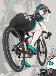 1girls adjusting_glasses ass_focus bicycle bike_shorts blush cycling cycling_uniform from_behind hololive huge_ass looking_back rindo_chihaya thick_ass thick_thighs virtual_youtuber wide_hips zoom_layer