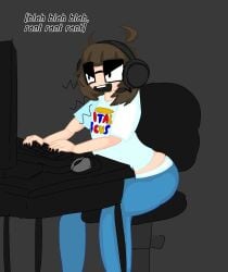 angry angry_face arguing artist_upload at_computer avile4v113 brown_hair complaining ethicalgooner2007_(kryptraider) female female_only femcel glasses headphones pajama_pants part_1 part_of_a_set sagging_pants self_upload sitting_at_desk thick_thighs yelling