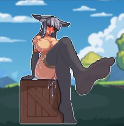 1girl after_orgasm armwear big_breasts blush dildo_in_pussy dildo_sitting feet feet_focus female image karnedraws looking_pleasured lust_arcanum pixel_(artwork) pixel_art red_face sarya_(lust_arcanum) sitting sitting_on_dildo solo_female sweat sweating thighhighs tongue_out vaginal_fluids video_games wet wet_pussy wolf_ears