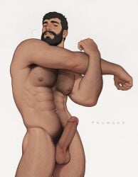 2d ai_assisted arm_hair aslan_(thumosx) bara beard black_hair body_hair closed_eyes completely_nude erection facial_hair hairy human leg_hair male male_focus male_only male_pubic_hair muscular muscular_male penis standing stretching thumosx veiny_penis white_background