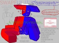artful_(die_of_death) blue_skin blush civilian_(die_of_death) desperate desperation die_of_death die_of_death_(roblox) hat insulting_viewer intersex legs_open legs_spread nervous nervous_smile purple_pussy purple_tentacle pussy red_skin roblox roblox_game robloxian shy someoneheree swapful_(die_of_death) sweat sweating talking talking_to_viewer tentacle text text_bubble wet_pussy