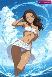 ai_assisted ai_generated armpits ass_visible_through_thighs avatar_the_last_airbender bare_shoulders barefoot bikini blue_eyes blue_sky breasts brown_hair cameltoe cloud collarbone covered_nipples dark-skinned_female dark_skin day female female_only katara long_hair looking_at_viewer medium_breasts navel nickelodeon nicktoons ocean outdoors sarong see-through shiny sky smile solo standing stelmazura strapless sun swimsuit thigh_gap tube_top underboob water wet white_bikini