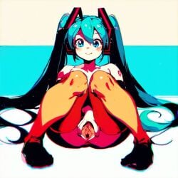 1girl ai_generated aqua at between blue blush body boots clitoris eyes full hair hatsune long looking miku nude pussy sitting smile solo spread tattoo thigh thighhighs twintails uncensored very viewer