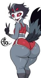 1femboy 4_eyes anthro ass avian avian_demon avian_humanoid bird butt_focus demon demon_femboy dolphin_shorts feathers femboy femboy_dilf gray_hair helluva_boss looking_at_viewer looking_back male mark_the_knight peace_sign red_clothing stolas_(helluva_boss) thick_thighs