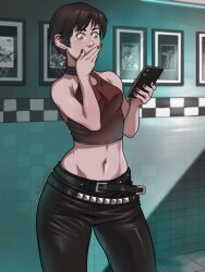 1girls alternate_costume breasts brown_hair brown_hair_female capcom clothed clothed_female cute female female_focus female_only gasp gasping light-skinned_female light_skin medium_boobs medium_breasts midriff midriff_baring rebecca_chambers resident_evil resident_evil_0 shocked shocked_expression short_hair short_hair_female sleeveless sleeveless_shirt solo solo_female solo_focus triplexmile