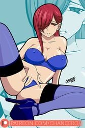 big_breasts blue_lingerie blue_panties blue_stockings bra brown_eyes chancero cleavage erect_nipples erect_nipples_under_clothes erza_scarlet fairy_tail fingering g-string high_heels large_breasts lingerie looking_at_viewer masturbation panties platform_heels red_hair redhead rubbing_pussy rubbing_pussy_through_clothing stockings strapless_bra stripper_heels