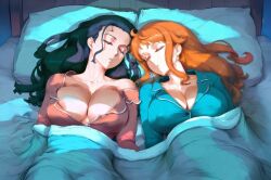 2girls ai_generated artist_request female female_only nami_(one_piece) nico_robin one_piece sleeping xddppx yuri