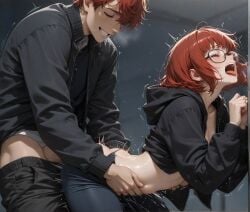 against_wall ai_generated anal anal_insertion anal_orgasm anal_sex bent_over breath brother_and_sister clothed clothed_sex doggy_style family female_orgasm from_behind glasses grin grinning impact_lines pants_down rape red_hair screaming shaking shaking_orgasm short_hair sibling_incest siblings side_view sister_and_brother taboo tight_clothing tongue tongue_out visible_breath yelling