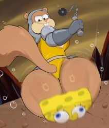 1boy 1girls anthro armor armored_female ass blue_eyes breasts brown_fur buckteeth facesitting female furry hips large_ass large_breasts mace male medieval medieval_armour medieval_weapon nickelodeon rodent rodent_humanoid sandy_cheeks sea_sponge sponge spongebob_squarepants spongebob_squarepants_(character) squirrel thick_thighs thighs usnarbit weapon wide_hips