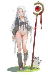 2d 2d_(artwork) ankle_socks artist_name artist_request bare_legs bare_thighs barefoot elf elf_ears elf_female elf_girl frieren frieren_beyond_journey's_end green_eyes lizchiefffff long_ears long_hair long_sleeves magical_girl magician no_pants one_piece_suit pantless petite petite_body petite_breasts petite_female petite_girl petite_tits sfw slim_waist smaller_female sousou_no_frieren tagme white_background white_hair