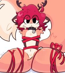 1boy 1femboy arms_behind_back artist_request bondage brown_eyes captured collar cufowo femboy fox fox_boy fox_ears fox_humanoid fox_tail fur male open_legs red_hair tagme tape tape_bondage tie tied_arms tied_legs