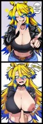 1boy 1girls 2d 2koma ai_generated animal_ears areola areolae belt big_breasts black_choker black_jacket blonde_hair blue_eyes blue_hair blush breasts choker cleavage clothes_pull collar collarbone comic crop_top denim embarrassed english english_text female hair_between_eyes horse_ears horse_girl horse_tail huge_breasts jacket jeans large_breasts leather leather_jacket long_hair looking_at_viewer male male/female midriff multicolored_hair navel nipples obey_your_master_(umamusume) oerba_yun_fang one_breast_out one_eye_closed open_jacket open_mouth pants pointing pov puffy_nipples sloppingslurpie smile speech_bubble star_(symbol) streaked_hair symbol-shaped_pupils tail teasing teasing_viewer teeth text two_side_up umamusume umamusume:_cinderella_gray very_long_hair wide_hips yellow_pupils