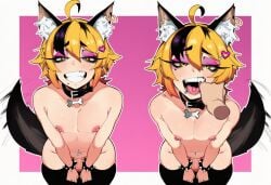 2boys 2d ahoge ai_generated animal_ear_fluff animal_ears animal_tail black_collar black_hair black_thighhighs blonde_hair bracelet cock collar disembodied_limb dog_boy dog_ears dog_tail ear_piercing earrings eyeliner eyeshadow fangs finger_in_another's_mouth grin hair_between_eyes hair_ornament hairclip heart jewelry large_thighs looking_at_viewer makeup male male_focus male_only mole mole_under_eye motion_lines multicolored_hair multiple_boys multiple_views navel navel_piercing nipple_bar nipple_piercing nipples open_mouth original otoko_no_ko penis piercing sharp_teeth short_hair sloppingslurpie smile spiked_bracelet spiked_collar spikes tail tail_wagging teeth thick_thighs thighhighs thighs tongue tongue_out tongue_piercing wicca_(sloppingslurpie) wide_hips yaoi yellow_eyes