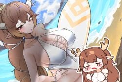 1girls =_= absurdres animal_ears antlers breasts brown_hair chibi cleavage criss-cross_straps deer_antlers deer_ears deer_girl diana_(trickcal) diana_(trickcal_re:vive) highres holding holding_surfboard horns humanization i3eancurd large_breasts long_hair one-piece_swimsuit red_eyes solo surfboard swimsuit trickcal