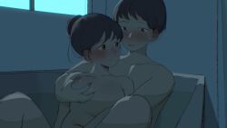 1boy bath bathing between_legs black_hair blush breasts collarbone commentary female gomiri grabbing_another's_breast grabbing_from_behind groping hair_bun hand_between_legs highres mixed-sex_bathing navel nipples original partially_submerged shared_bathing short_hair straight water