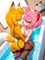 2girls ai ai_generated amy_rose animal_ears animal_nose ass bath bathtub blonde_hair blush body_fur breasts closed_eyes fox_ears fox_girl fox_tail french_kiss furry furry_female furry_with_furry garter_belt hairband indoors kissing long_hair medium_breasts multiple_girls nipple_to_nipple nipples nude pantyhose partially_submerged pink_fur pink_hair red_hairband sonic_(series) sonic_boom sonic_the_hedgehog_(series) tail thighhighs tongue tongue_out topless water wet yuri zooey_the_fox