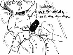 2boys age_difference anal anal_sex animated arms_up bedroom_eyes begging blush dialogue digital_media_(artwork) don't_hug_me_i'm_scared flipnote_studio freckles gay gay_anal gay_sex half-closed_eyes huge_cock looking_down looking_pleasured lowres male male_only mammal monochrome nipples on_bed pinned_down plushie precum puppet size_difference small_balls small_penis smaller_male smaller_penetrated yellow_guy_(dhmis)