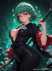 1girl 2026 ai_generated alternate_breast_size anime bangs black_dress boobs breasts cleavage closed_mouth covered_nipples cowboy_shot crossover curly_hair dress eye_contact eyelashes female female_focus female_only green_eyes green_hair green_nails highres holding holding_sword holding_weapon huge_breasts japanese_clothes katana kimono large_breasts lips long_sleeves looking_at_viewer neutral_expression no_bra nsfw one-punch_man patreon patreon_username rognezart sheath short_hair solo sword tatsumaki weapon wide_sleeves