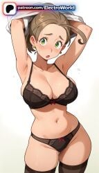 1girls 2026 ai_generated alexa_(pokemon) armpits artist_name big_breasts big_chest black_bra black_panties blush bra breasts bust busty chest earrings electroworld female gradient gradient_background green_eyes hair_pulled_back hi_res high_quality high_resolution highres jewelry lace lace-trimmed_bra lace_trim large_breasts looking_at_viewer navel open_mouth panties patreon patreon_username pokemon skindentation solo stable_diffusion thighhighs underwear watermark