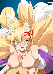 blonde_hair blush cum cum_on_breasts cum_on_face ed-jim green_eyes kitsune licking_lips monster_girl monster_girl_quest paizuri slit_pupils tamamo_(monster_girl_quest) tongue yellow_fur