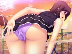 ass bare_shoulders bent_over blush brown_hair cameltoe chain-link_fence cloud covering_ass covering_privates female fence from_behind game_cg hose large_variant_set looking_back nerawareta_megami_tenshi_angel_tear non-web_source official_art open_mouth outdoors panties pantyshot purple_eyes purple_panties pussy_juice pussy_juice_stain racket self-datamine sex_toy shizumi_suzune short_hair skirt sky sleeveless solo sportswear sunset sweat tennis_racket tennis_uniform thigh_gap tsukumo_kazuita underwear upskirt variant_set vibrator vibrator_under_clothes vibrator_under_panties wet wet_clothes wet_panties