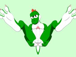 anthro anus ass balls claws digital_media_(artwork) dinosaur dromaeosaurid dustin_c erection gay genitals green_body green_yoshi hand_on_butt hi_res humanoid_genitalia humanoid_penis legs_up looking_at_viewer male mario_bros nintendo nude penis prehistoric_species reptile saurischian scalie simple_background smile solo spread_anus spread_butt spread_legs spreading tail theropod toe_claws yoshi
