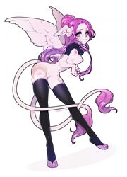 <3_eyes angel anthro areola ass breasts canine clothing female frenky_hw hair heart legwear long_hair looking_at_viewer mammal markings navel nipples original_character pink_skin purple_eyes purple_hair pussy simple_background smile solo thick_thighs thigh_highs white_background wings