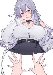 2girls bare_shoulders black_skirt blush borrowed_character breasts cleavage commentary english_commentary female_pov fingernails gift_art grey_sweater hair_ornament hand_up heart highres large_breasts long_fingernails long_hair long_sleeves looking_at_viewer machi_(machi0910)_(person) multiple_girls negative_space open_mouth original panties panties_around_one_leg panties_around_thighs pov pov_hands purple_eyes purple_hair qiandaiyiyu rin_(qiandaiyiyu) simple_background skirt smile solo_focus spread_pussy spreading_another's_pussy sweater sweater_tucked_in underwear white_background white_panties yuri