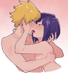 1boy 1boy1girl 1girls arms_around_partner artist_name artist_signature ayuta blonde_hair blush boku_no_hero_academia breast_press breasts color completely_nude denki_kaminari ear_piercing earrings eyes_visible_through_hair french_kiss full-face_blush gradient_background half-closed_eyes hand_on_another's_face hand_on_another's_head hand_on_another's_shoulder highres kissing kyoka_jiro lighting looking_at_another looking_pleasured muscular muscular_male my_hero_academia pink_background purple_eyes purple_hair side_view small_breasts spiky_hair standing straight sweatdrop watermark white_background yellow_eyes
