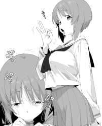 1boy breasts censored commentary_request fellatio fellatio_gesture female girls_und_panzer glansjob greyscale henyaan_(oreizm) highres large_breasts long_sleeves looking_at_viewer monochrome mosaic_censoring multiple_views neckerchief nishizumi_miho ooarai_school_uniform open_mouth oral penis pleated_skirt pov school_uniform serafuku short_hair simple_background skirt straight tongue tongue_out white_background