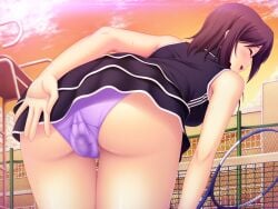 ^_^ ass bare_shoulders bent_over blush brown_hair cameltoe chain-link_fence closed_eyes cloud female fence from_behind game_cg hose large_variant_set nerawareta_megami_tenshi_angel_tear non-web_source official_art open_mouth orange_sky outdoors panties purple_panties pussy_juice pussy_juice_stain racket school self-datamine sex_toy shizumi_suzune short_hair skirt sky sleeveless solo sportswear sunset sweat tennis_racket tennis_uniform thigh_gap trefoil tsukumo_kazuita underwear upskirt variant_set vibrator vibrator_under_clothes vibrator_under_panties wet wet_clothes wet_panties