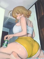 1girls ahoge amber_eyes anis_(nikke) ass back big_ass big_breasts blonde_hair breasts can curly_hair feet female female_only goddess_of_victory:_nikke lips looking_at_viewer looking_pleasured mostly_clothed pajamas raaair short_hair shorts sitting skindentation smile smiling smiling_at_viewer tagme tank_top teeth thick_thighs thighs tight_clothing vent
