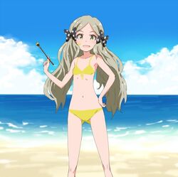 a_sterisk bodypaint bow brush female grey_hair hair_riboon handa_roko idolmaster idolmaster_million_live! nude painted_clothes polka_dot polka_dot_bow twintails wavy_hair yellow_eyes