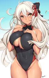 big_breasts breasts cleavage fate/grand_order fate_(series) female_only large_breasts looking_at_viewer okita_souji_(alter)_(fate) one-piece_swimsuit solo swimsuit tony_guisado