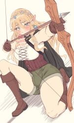 aiming aqua_eyes aroused arrow_(projectile) autopaizuri autopaizuri_under_clothes bar_censor blonde_hair blue_gem blush boots bow_(weapon) breasts brown_boots brown_gloves bulge censored cheek_poking circlet cleavage cloak corset covered_testicles cross-laced_clothes cross-laced_top drawing_bow drawstring ear_blush earrings elf erection erection_under_clothes female flower furrowed_brow futanari gem gigantic_penis gloves green_shorts hair_flower hair_ornament highres holding holding_bow_(weapon) holding_weapon inconvenient_penis jewelry long_hair masturbation on_one_knee original paizuri penis penis_on_cheek penis_peek pointy_ears poking poking_with_penis pout precum shorts trembling weapon white_background yana_(nekoarashi)