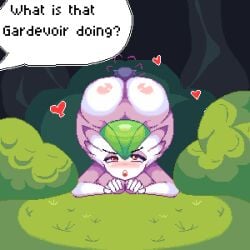 ahe_gao all_fours anthro aroused artist_request ass_focus big_ass blush dark_background doggy_style drooling female floating_hearts focus forest from_behind gardevoir gen_3_pokemon green_hair half-closed_eyes heart heart-shaped_pupils huge_ass lewd looking_at_viewer night on_ground out pink_skin pixel_art pokémon_(species) pokemon pokemon_(creature) presenting presenting_hindquarters psychic_type rear_view red_eyes solo sprite thick_thighs tongue white_skin wide_hips