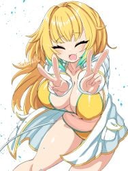 :3 :d alternate_hairstyle bikini blush bombergirl closed_eyes double_v fang hair_down happy huge_breasts long_hair open_shirt pine_(bombergirl) plump thighs v